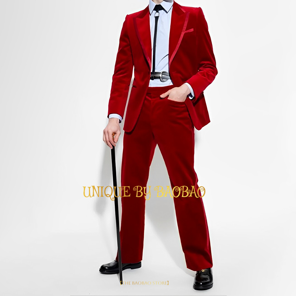 Men'S Fashion Xmas Party - Heren Rood Fluwelen 2-delige Pak (Jas