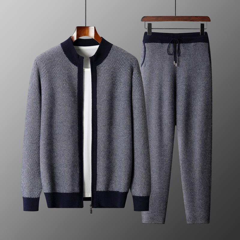 Knitted Cardigan Men - 100% Merinowol Jacquard Set Heren Halfhoge