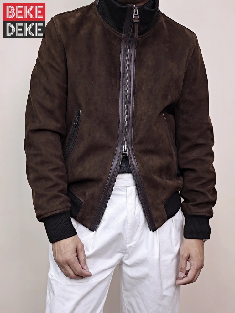 Mens Fashion Bomber Jacket - Heren lederen jas opstaande kraag natuurlijke