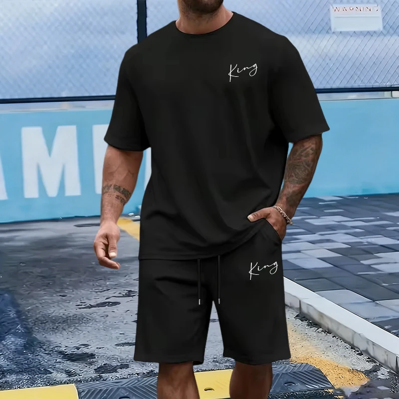 Men Fashion King - King Letter Herenset Katoenen T-shirt Sportshorts